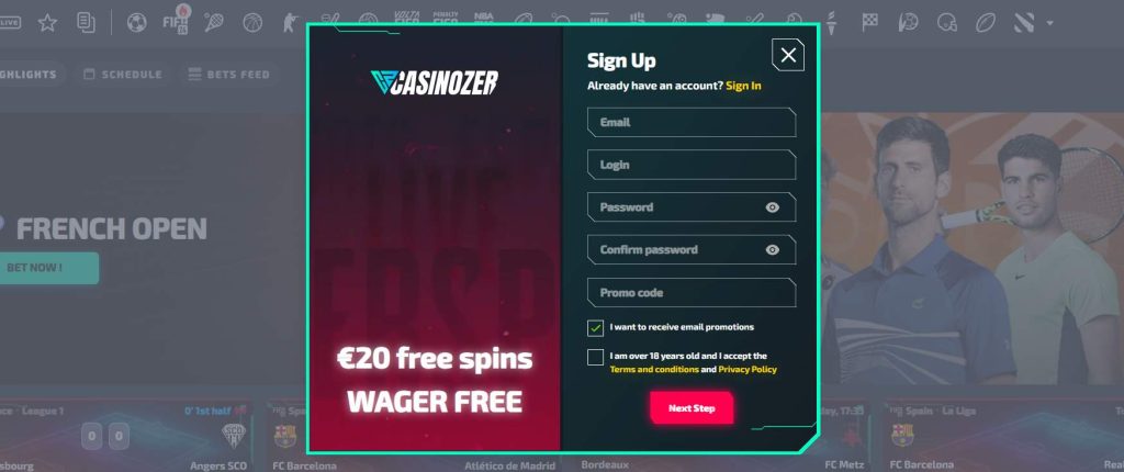 Casinozer Login Screen